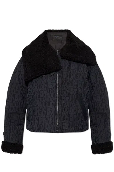 Emporio Armani Wool-blend Jacket With All-over Lettering Jacquard And Teddy Details In Black