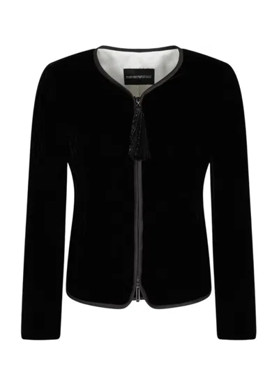Emporio Armani Women Black Velvet Front Zipper Jacket, S Luxury Jackets For Women Darveys