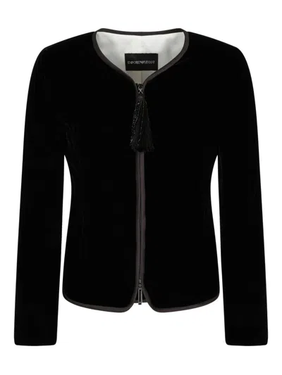 Emporio Armani Women Black Velvet Front Zipper Jacket, S Luxury Jackets For Women Darveys