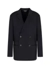 Emporio Armani Double-breasted Blazer In A Plain-knit Wool Blend In Blue
