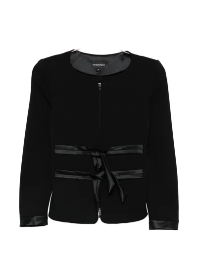 Emporio Armani Fitted Blazer Round Neck Long Sleeves Satin In Black