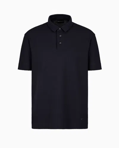 Emporio Armani Jacquard Jersey Polo Shirt In Navy Blue
