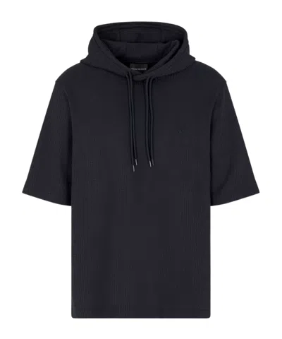 Emporio Armani Jacquard Jersey Short-sleeve Hoodie In Blue