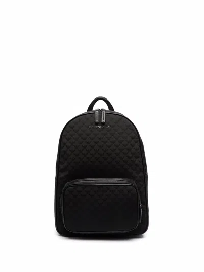 Emporio Armani Nylon Backpack With All-over Jacquard Eagle In Black
