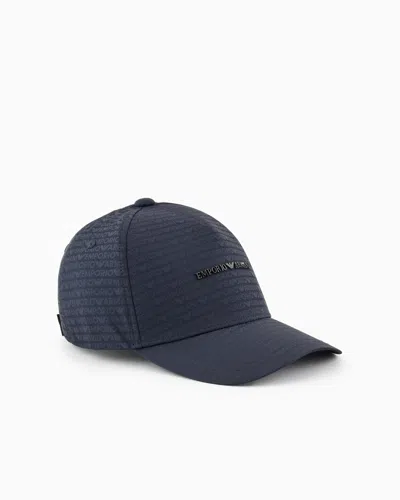 Emporio Armani Jacquard Nylon Baseball Cap With All-over Logo Lettering In Blue