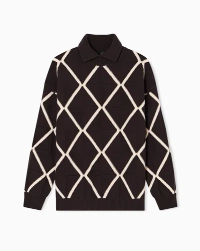 Emporio Armani Jacquard Wool And Cashmere Blend Jumper With A Diamond Motif In Brown