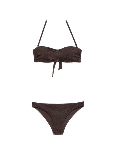 Emporio Armani Beachwear Halter Neck Textured Fabric Tie Detail In Brown