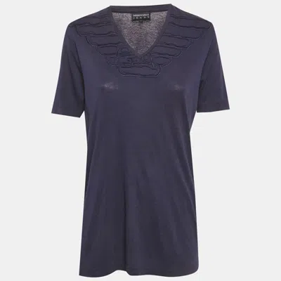 Pre-owned Emporio Armani Jeans Blue Jersey Ruffled V-neck T-shirt L