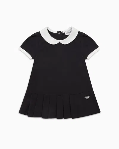 Emporio Armani Kids' Official Store Jersey Dress With Peter Pan Collar And Pleated Skirt In Navy Blue