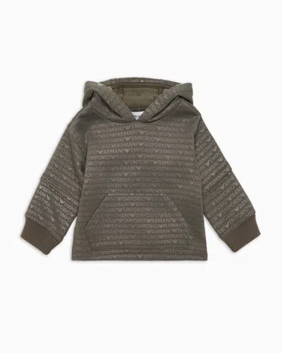 Emporio Armani Kids' Jersey Hooded Sweatshirt With All-over Logo Lettering In Green