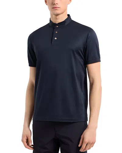 Emporio Armani Jersey Knit Regular Fit Band Collar Polo Shirt In Solid Blue