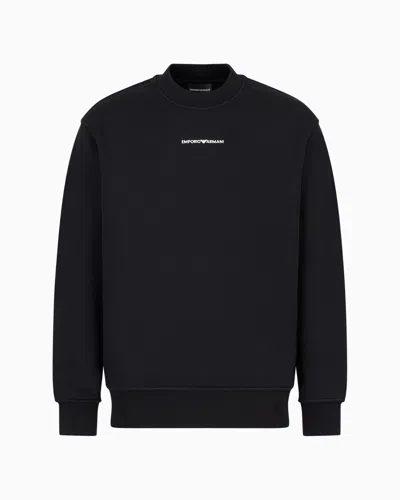 Emporio Armani Official Store Jersey Sweatshirt With Diagonal Weave And Logo Embroidery In Black