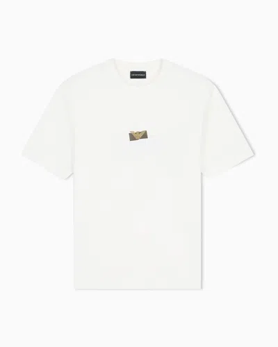 Emporio Armani Jersey T-shirt In Lyocell Blend With Embossed Eagle And Logo Print In White