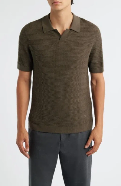 Emporio Armani Johnny Collar Short Sleeve Twisted Rib Wool Polo Sweater In Green