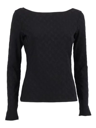 Emporio Armani Geometric Pattern Boat-neck Textured Knit Jumper In Black