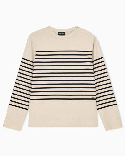 Emporio Armani Jumper In Striped Cotton Jersey With Shoulder Button In Brown