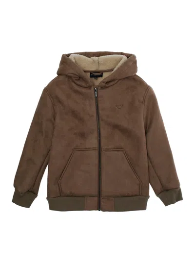 Emporio Armani Kids Boys Tech Fabric Jacket With Fixed Hood And Logo Embroidery In Brown