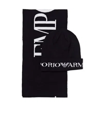 Emporio Armani Kids Logo Intarsia Beanie And Scarf Set In Black