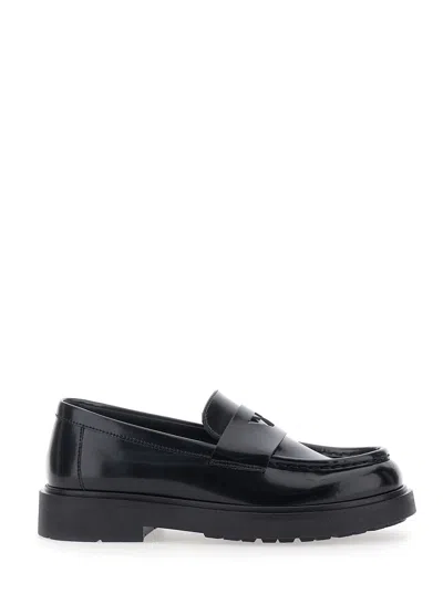 Emporio Armani Kids Mini Boy Patent Finish Slip-on Loafers With Embossed Logo In Black