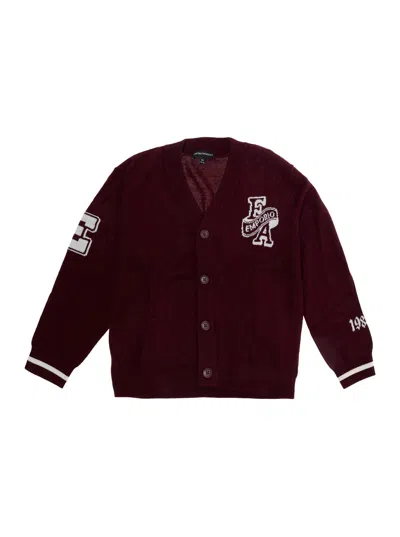 Emporio Armani Kids Mini Boys V-neck Wool Blend Cardigan With Lettering On Front And Sleeves In Burgundy