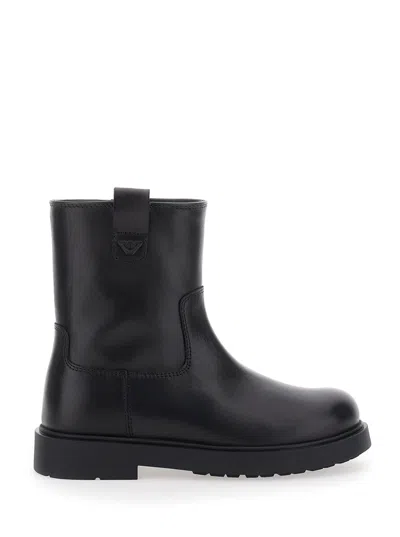 Emporio Armani Kids Mini Leather Boots With Logo Patch And Side Zip Closure In Black