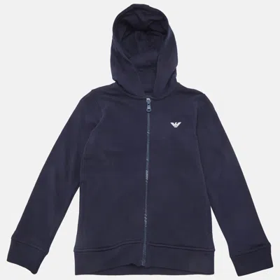 Pre-owned Emporio Armani Kids Navy Blue Logo Trim Cotton Knit Hooded Jacket 8 Yrs