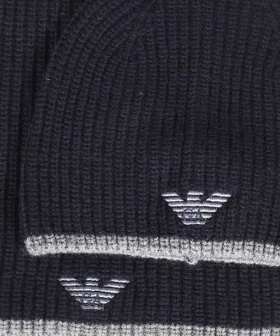 Emporio Armani Knit Beanie And Scarf Set In Blue