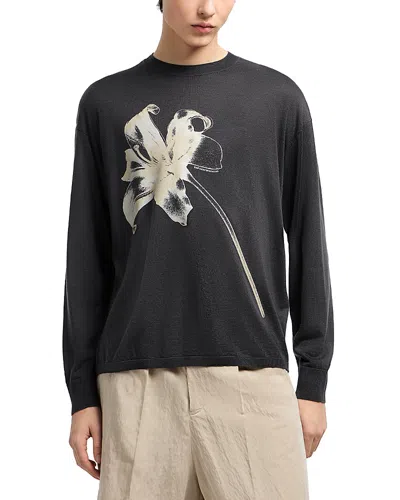 Emporio Armani Knit Floral Print Crewneck Sweater In Black