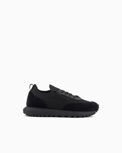 Emporio Armani Knit Sneakers With Suede Details In Black