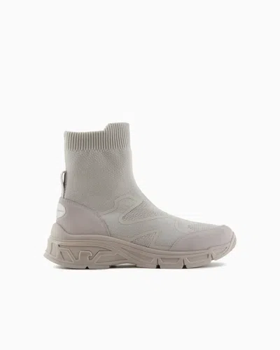 Emporio Armani Knit Sock Sneakers With Suede Details In Beige