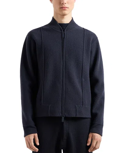 Emporio Armani Knit Wool Bomber Jacket In Navy Blue