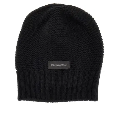 Emporio Armani Knitted Beanie Hat With Logo Label In Black