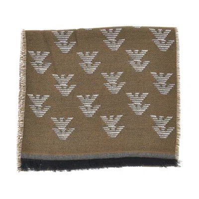 Emporio Armani Knitted Scarf With Eagle Motif In Beige