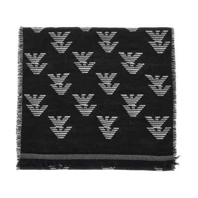 Emporio Armani Knitted Scarf With Eagle Motif In Black