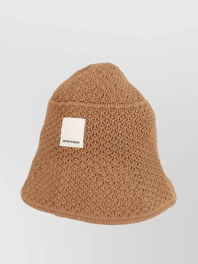 Emporio Armani Knitted Texture Ribbed Brim Beanie In Brown