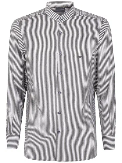 Emporio Armani Striped Mandarin-collar Shirt In Black