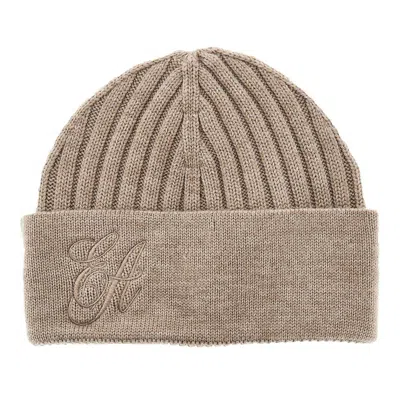 Emporio Armani L Beanie Hat With Logo Embroidery In Neutral