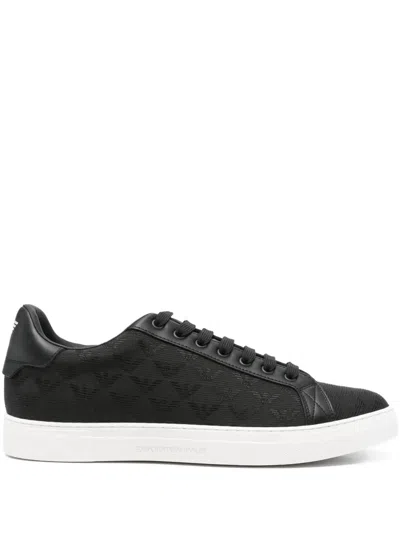 Emporio Armani Lace-up Eagle-logo Sneakers In Black