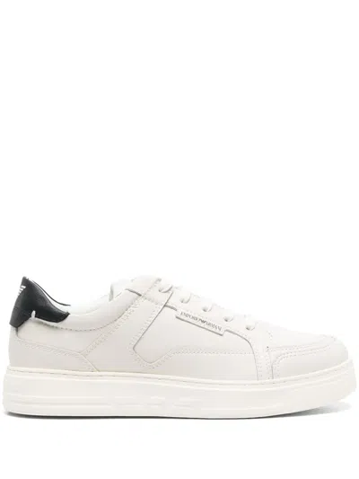 Emporio Armani Leather Sneakers Contrast Heel Tab Design In White