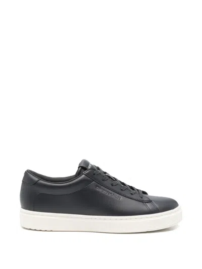 Emporio Armani Leather Sneakers Contrast Sole Round Toe In Black