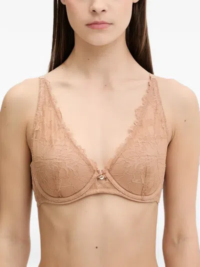 Emporio Armani Lace-overlay Logo-strap Bra In Neutral