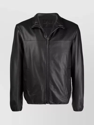 EMPORIO ARMANI LAMB SKIN HIGH NECK LEATHER JACKET