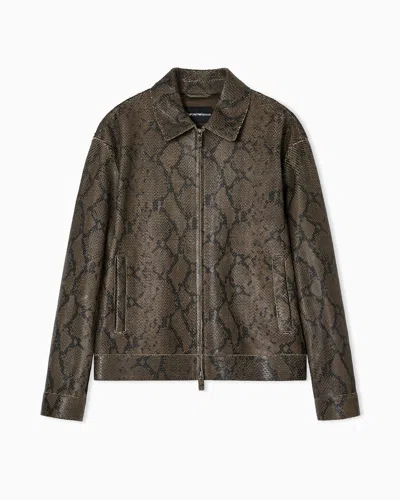 Emporio Armani Lambskin Nappa Leather Blouson In A Python Print In Brown