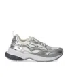 Emporio Armani Laminated Faux Leather And Mesh Silver Sneaker In Silver