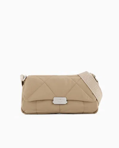 Emporio Armani Large Shoulder Bag In Matelassé Nylon In Beige