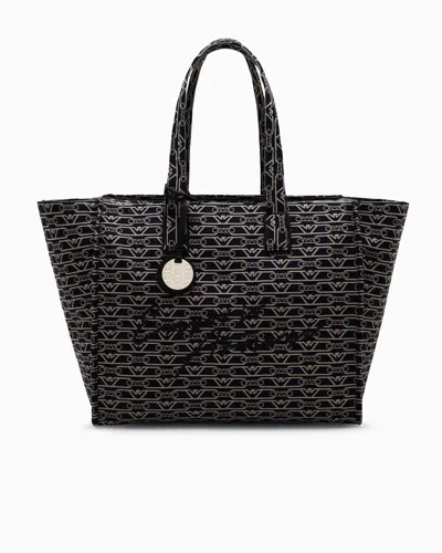 Emporio Armani Large Shopper Bag In Jacquard Canvas With All-over Monogram In Blue