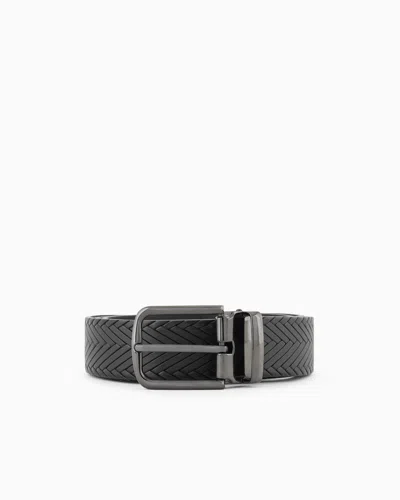Emporio Armani Leather Belt With Braided Print In Black