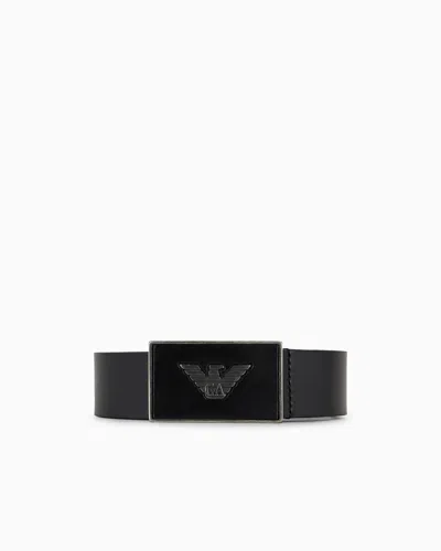 Emporio Armani Leather Belt With Eagle Plate In Black