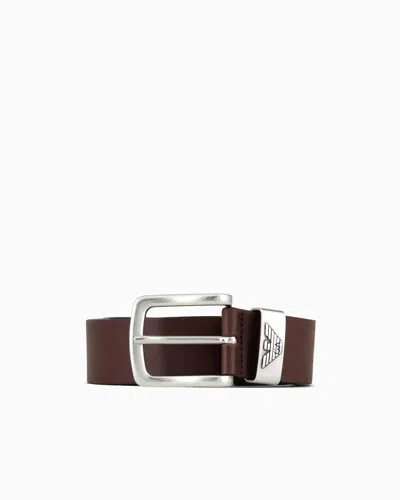 Emporio Armani Official Store Leather Belt With Logo Buckle In Dark Brown