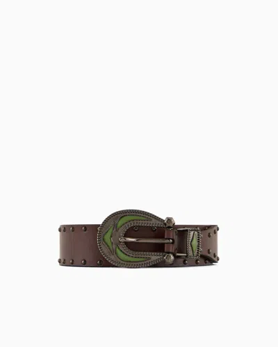 Emporio Armani Leather Belt With Metal Detail In Burgundy